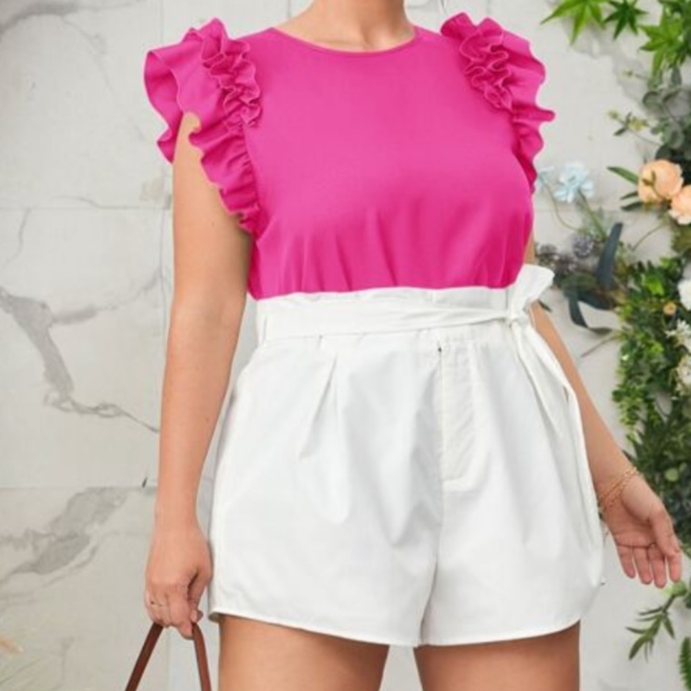 Plus Size Ruffle Cap Sleeve Office Work Top Blouse Blue - Picture 10 of 10